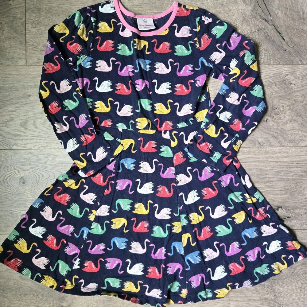 Hanna Andersson Dress 130 US 8 Girls Navy Blue Swan Print Knit Long Sleeve